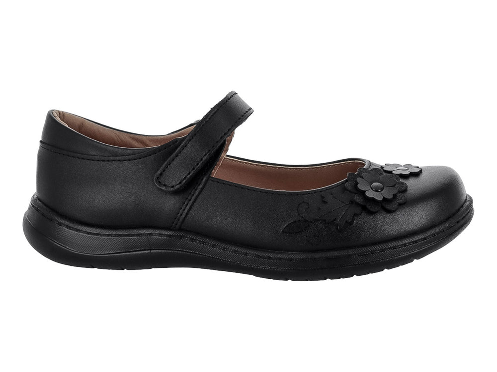 Zapato negro para niña estilo Mary Jane con adornos de flores en la punta.