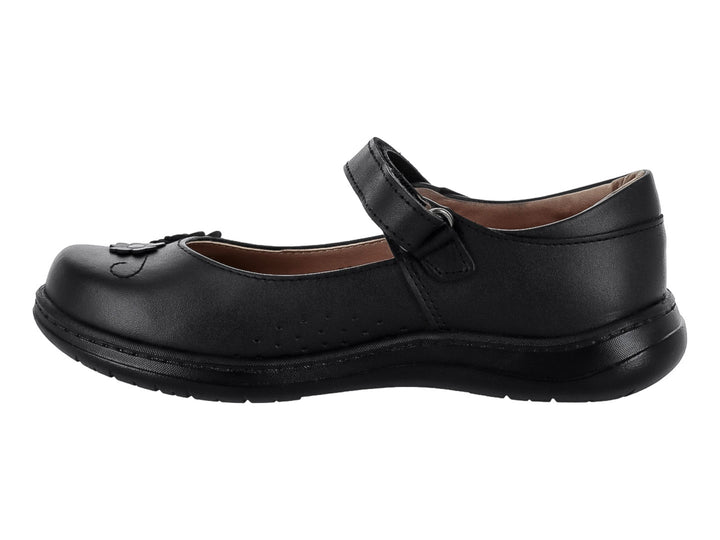 Zapato negro para niña estilo Mary Jane con adornos de flores en la punta.