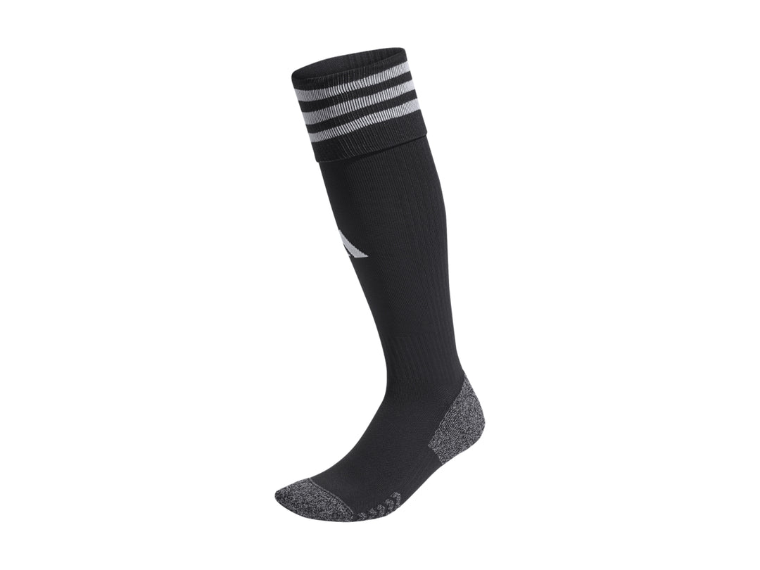 Calcetines deportivos Adidas color negro con tres franjas grises en la parte superior y refuerzos en el pie.
