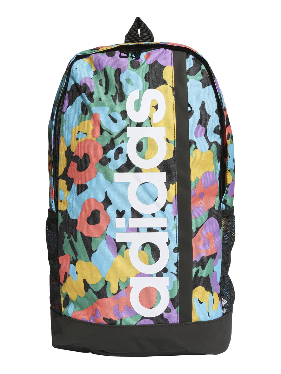 Mochila Adidas multicolor con estampado abstracto y logotipo blanco vertical en el centro.
