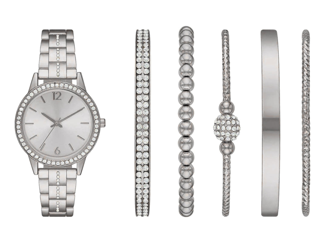 Set de 6 piezas en color plata que incluye un reloj y cinco pulseras decoradas con cristales para Mujer.