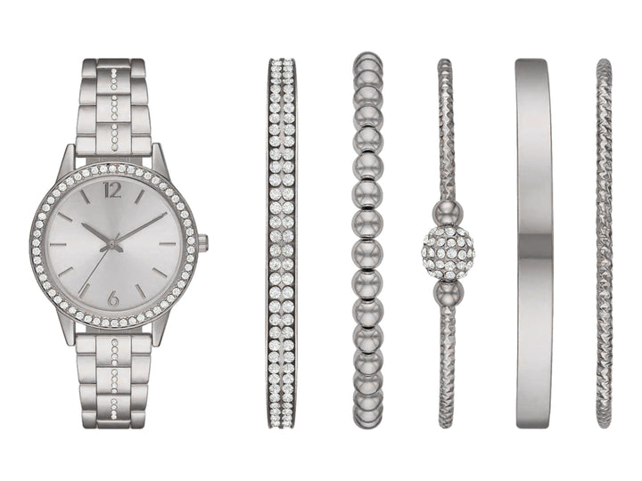 Set de 6 piezas en color plata que incluye un reloj y cinco pulseras decoradas con cristales para Mujer.