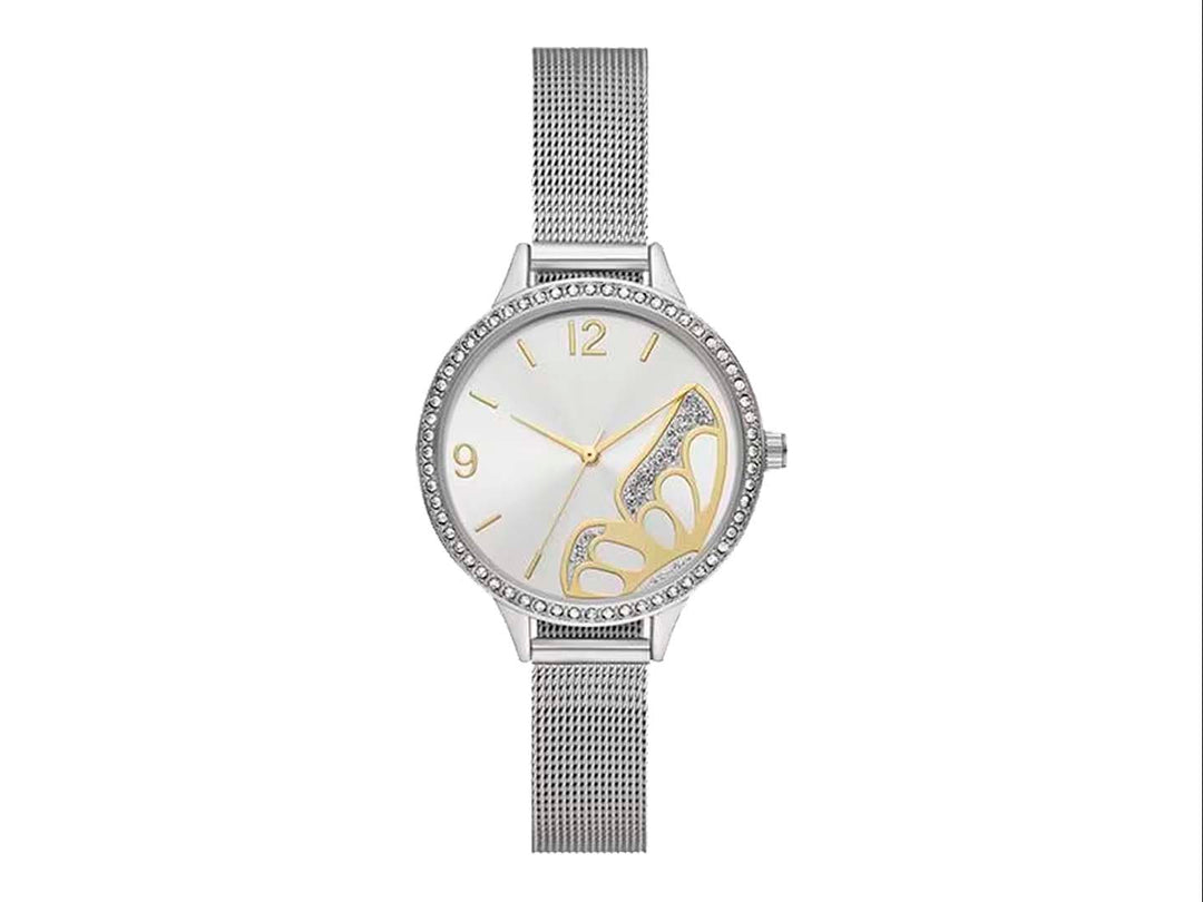 Set de joyería color plata para mujer que incluye reloj con correa de malla, pulsera de mariposa, anillo y aretes.