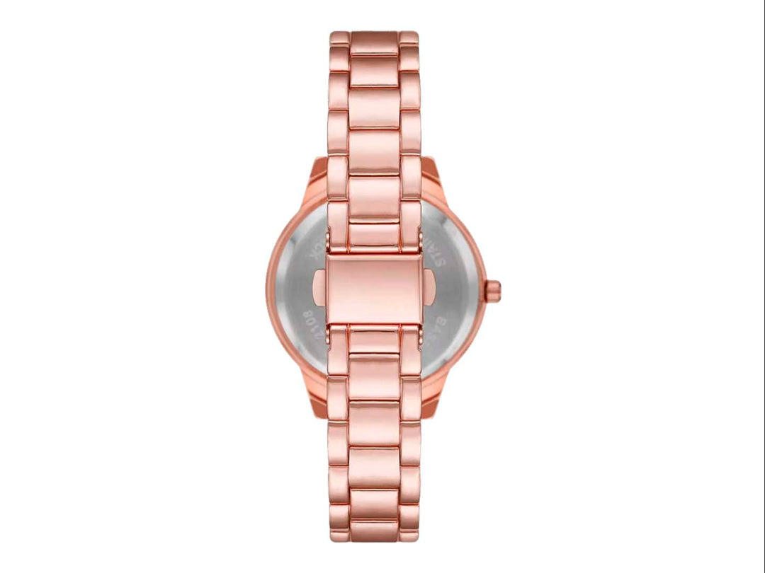 Set de reloj y cinco pulseras en color oro rosa con detalles de cristales brillantes.