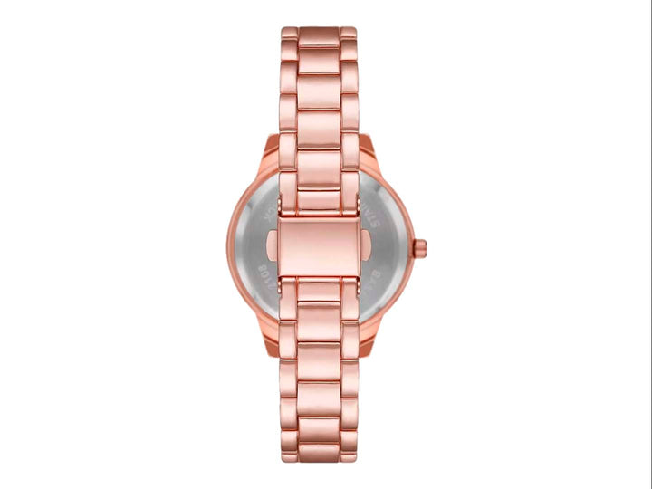 Set de reloj y cinco pulseras en color oro rosa con detalles de cristales brillantes.