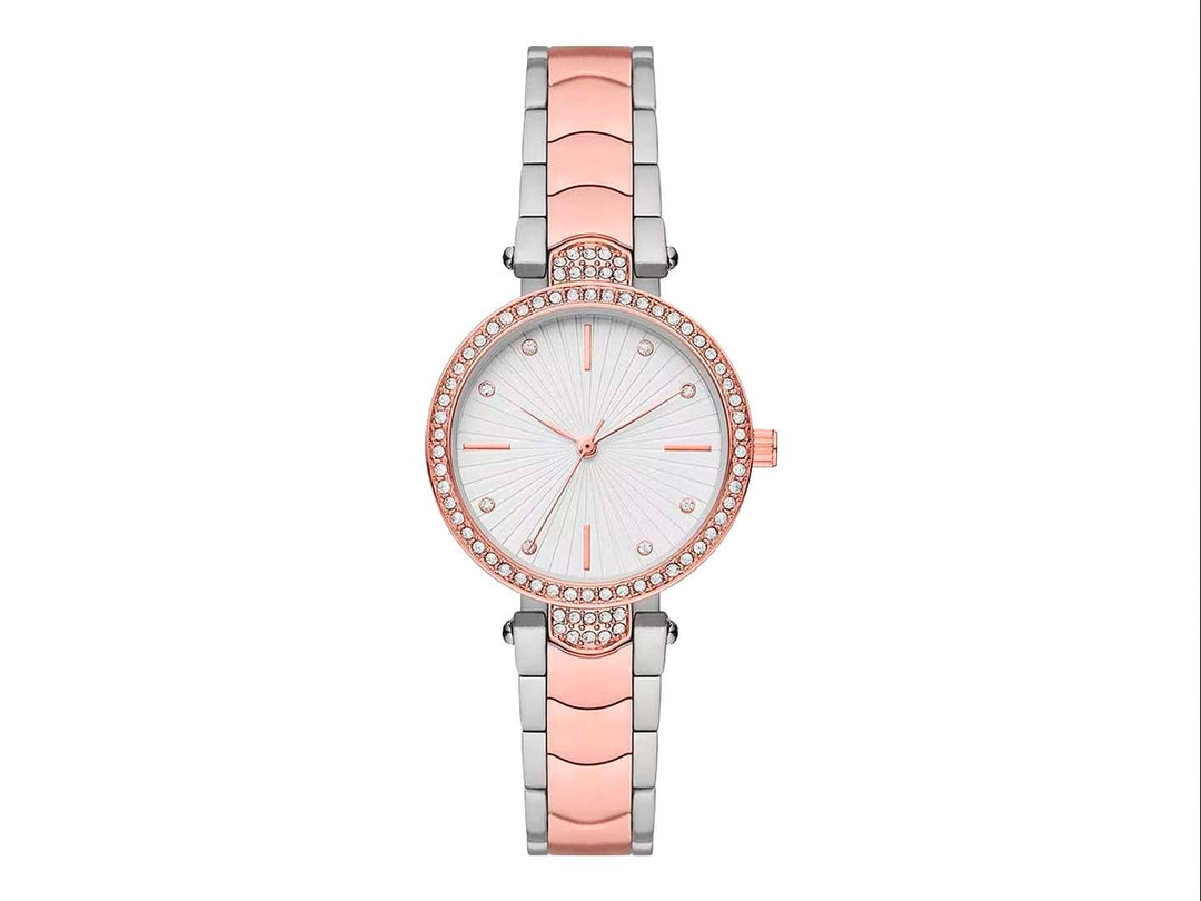 Set de 4 piezas Folio que incluye un reloj y tres pulseras en tonos oro rosa y plata con detalles brillantes.