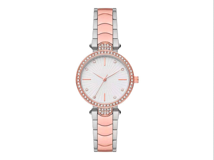 Set de 4 piezas Folio que incluye un reloj y tres pulseras en tonos oro rosa y plata con detalles brillantes.