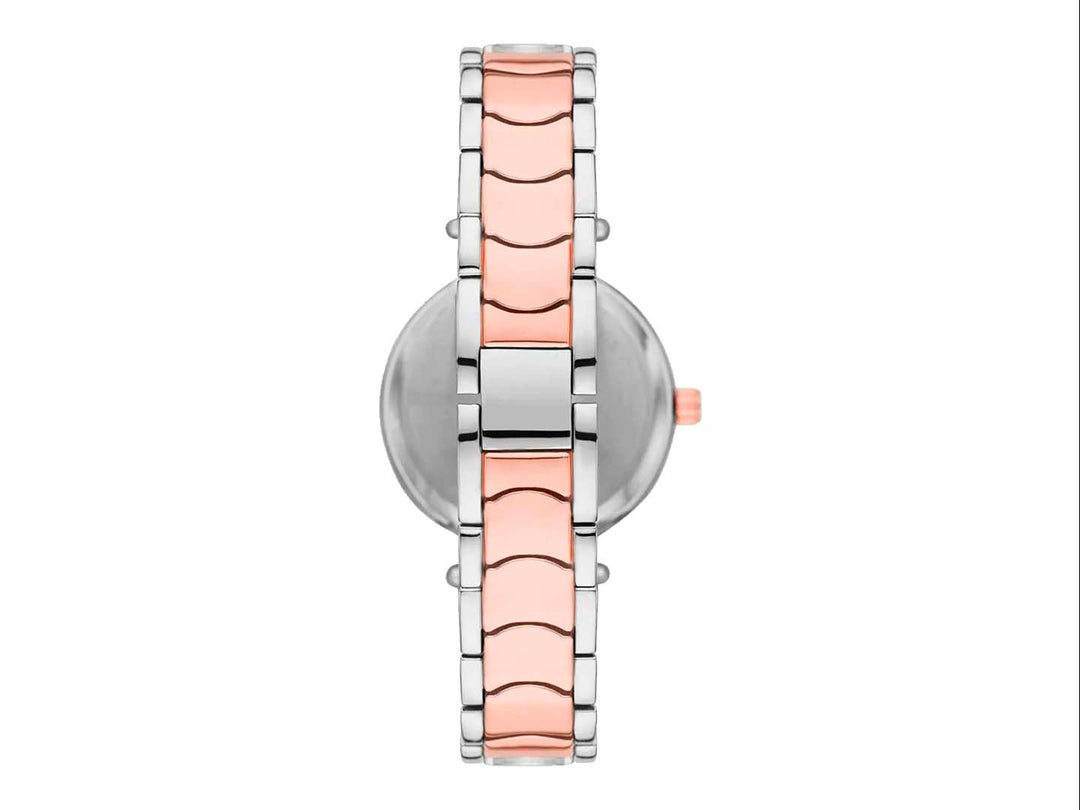 Set de 4 piezas Folio que incluye un reloj y tres pulseras en tonos oro rosa y plata con detalles brillantes.