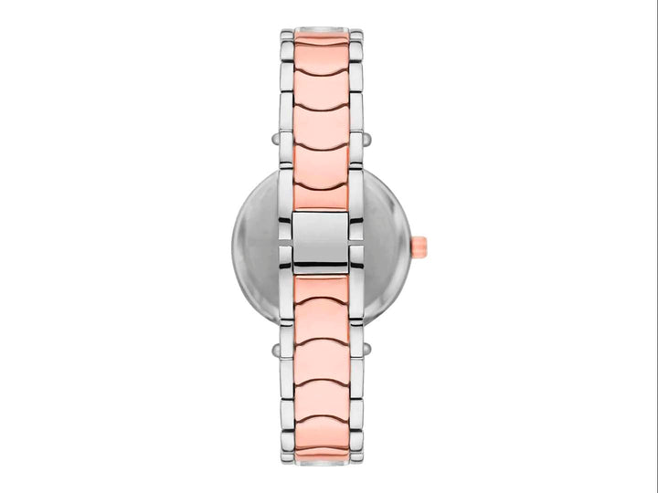 Set de 4 piezas Folio que incluye un reloj y tres pulseras en tonos oro rosa y plata con detalles brillantes.