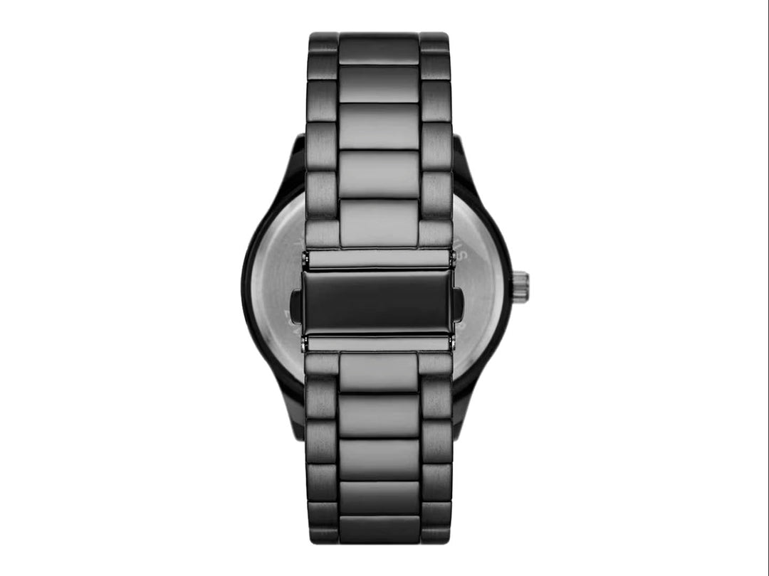 Set de 5 piezas para Hombre que incluye un reloj analógico negro y cuatro pulseras a juego en tonos negros.