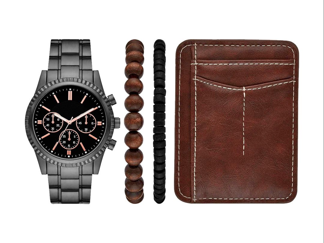 Set de 4 piezas para hombre que incluye reloj gris, dos pulseras y una cartera color marrón.