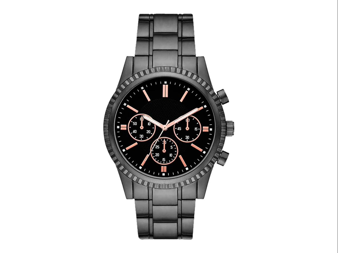 Set de 4 piezas para hombre que incluye reloj gris, dos pulseras y una cartera color marrón.