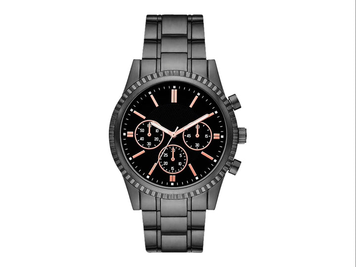 Set de 4 piezas para hombre que incluye reloj gris, dos pulseras y una cartera color marrón.