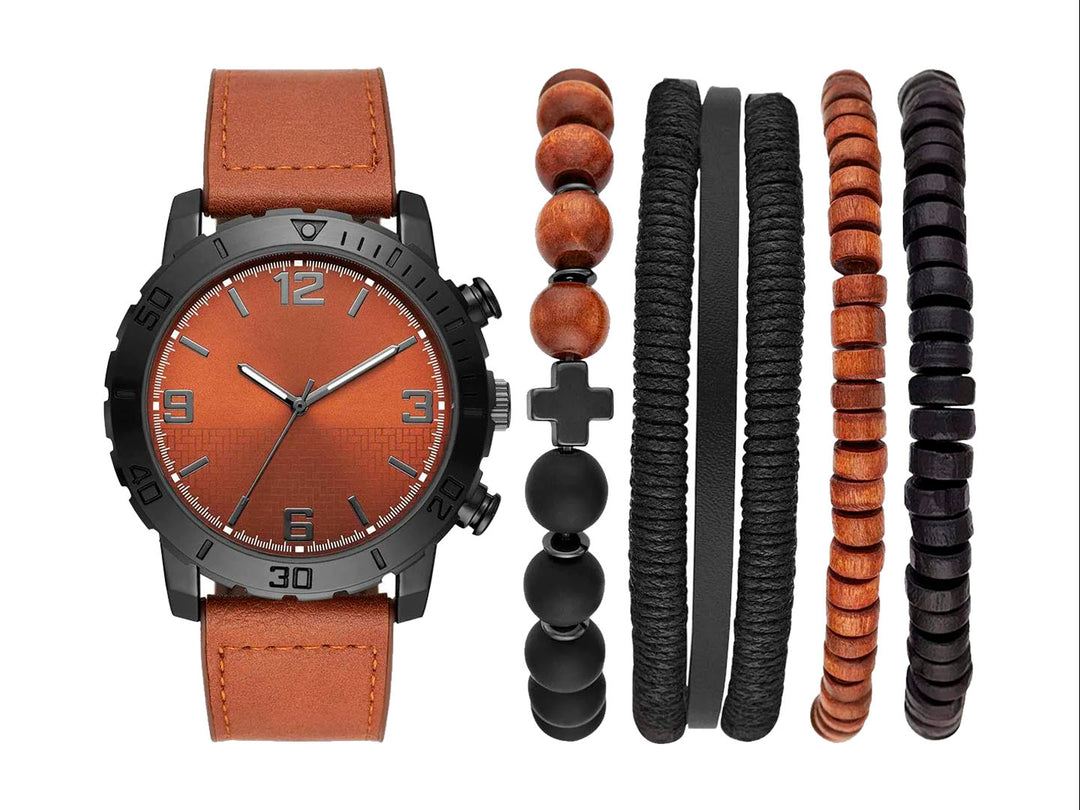 Set de 5 piezas para hombre que incluye un reloj con correa café y cuatro pulseras coordinadas en tonos negro y madera.