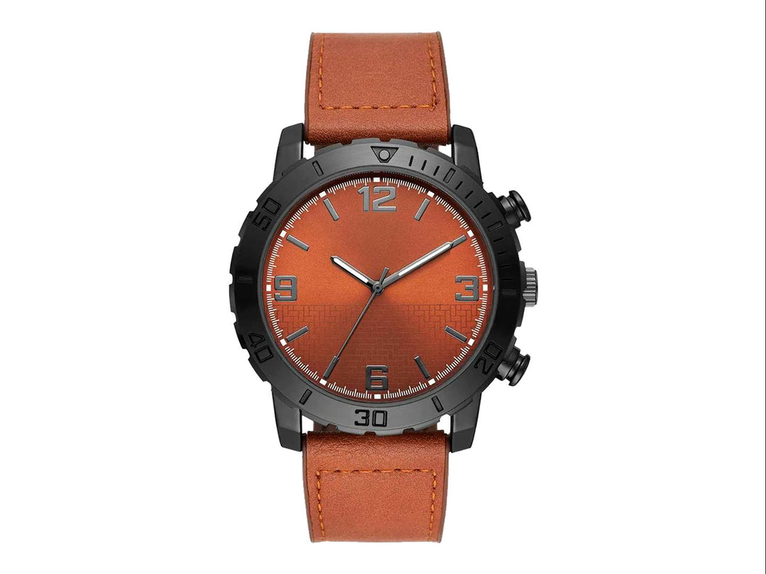 Set de 5 piezas para hombre que incluye un reloj con correa café y cuatro pulseras coordinadas en tonos negro y madera.