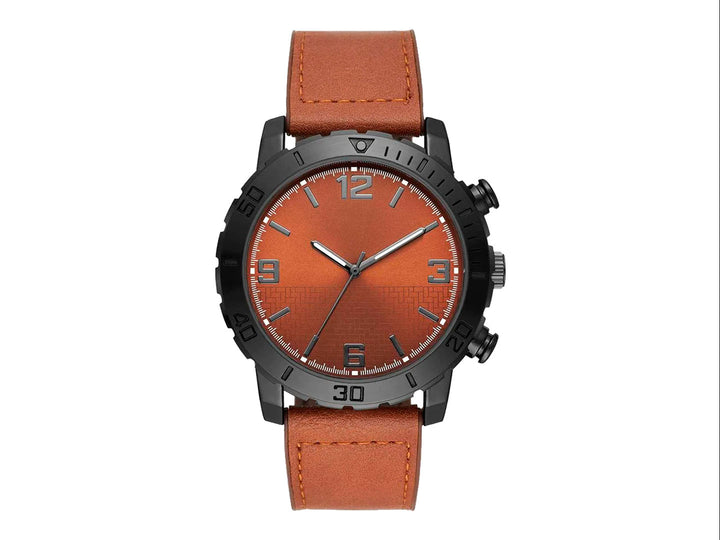 Set de 5 piezas para hombre que incluye un reloj con correa café y cuatro pulseras coordinadas en tonos negro y madera.