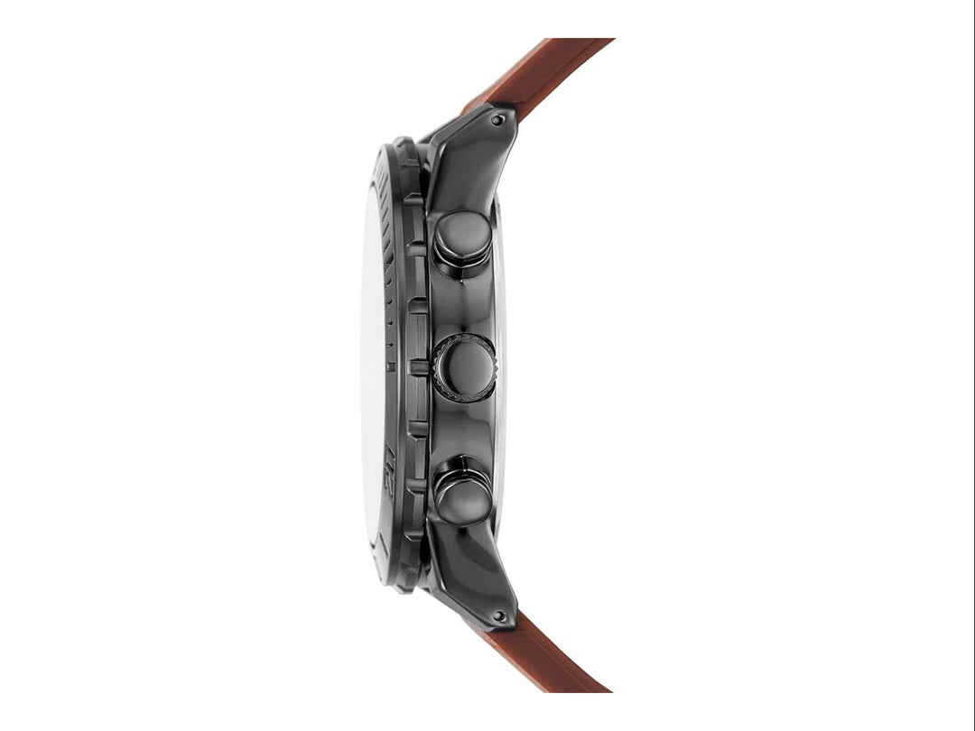 Set de 5 piezas para hombre que incluye un reloj con correa café y cuatro pulseras coordinadas en tonos negro y madera.