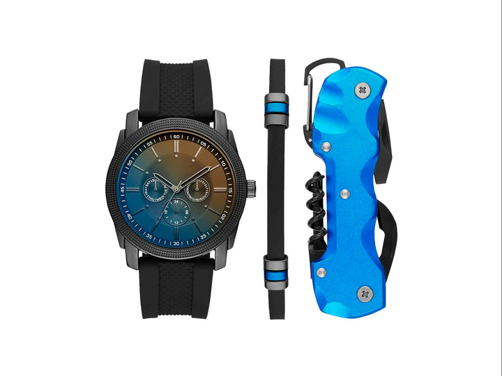 Set de 3 piezas FOLIO: reloj negro con esfera azul, pulsera negra y multiherramienta azul.