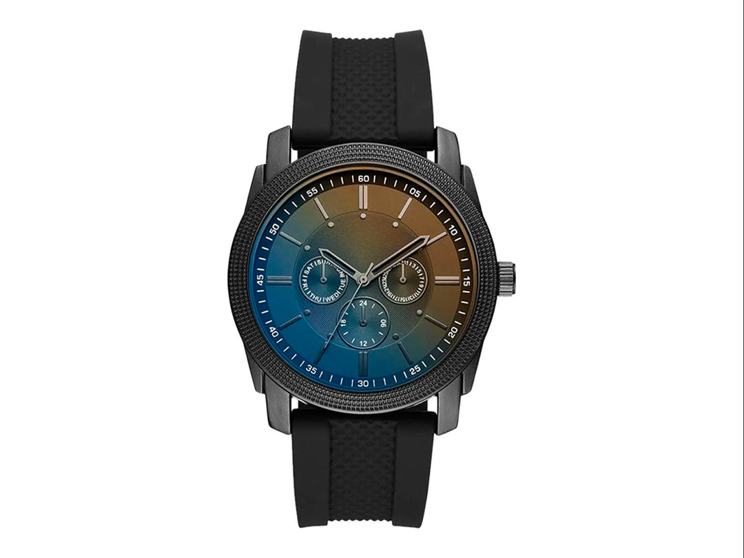 Set de 3 piezas FOLIO: reloj negro con esfera azul, pulsera negra y multiherramienta azul.