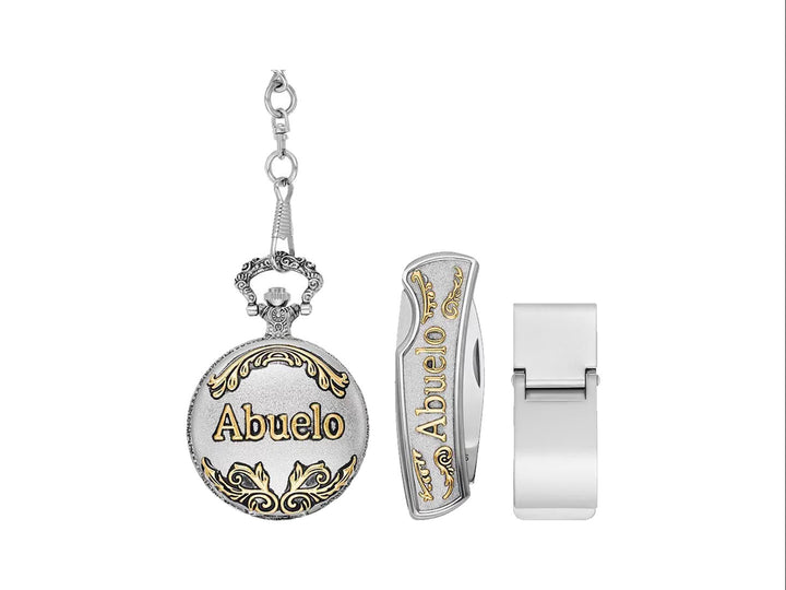 Set de reloj de bolsillo Folio en color plata y oro con grabado de la palabra Abuelo y accesorios.