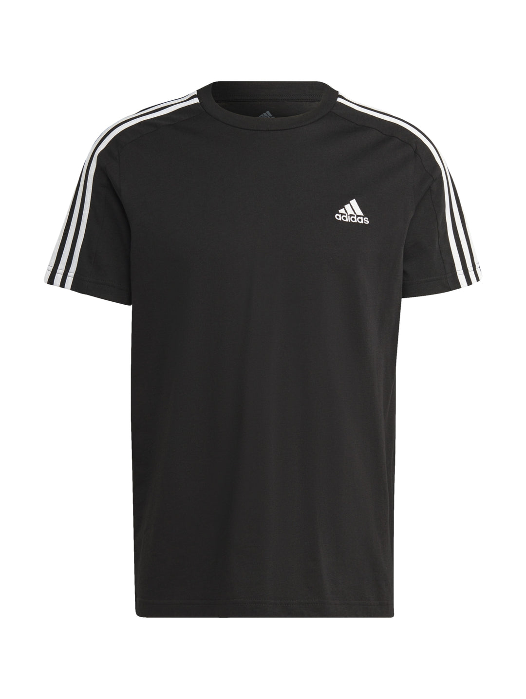 Hombre vistiendo camiseta deportiva Adidas color negro con tres rayas blancas en los hombros.