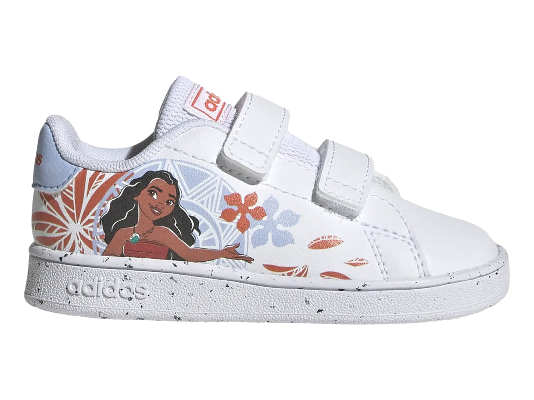 Tenis Adidas blancos para niña con estampado de Moana y flores, cierre de doble velcro.