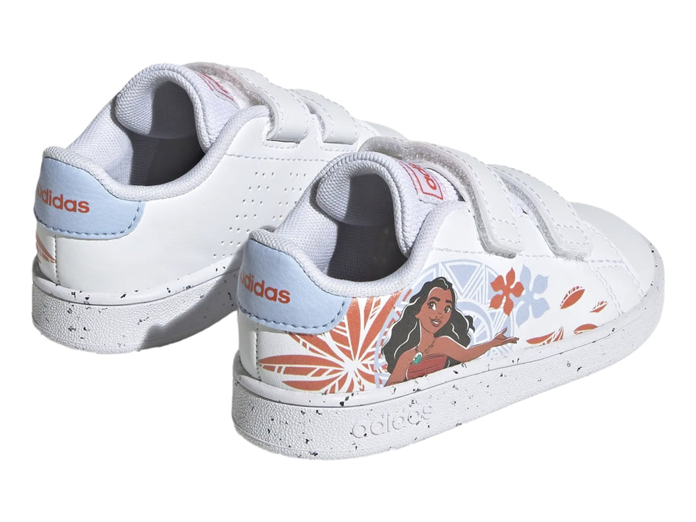 Tenis Adidas blancos para niña con estampado de Moana y flores, cierre de doble velcro.