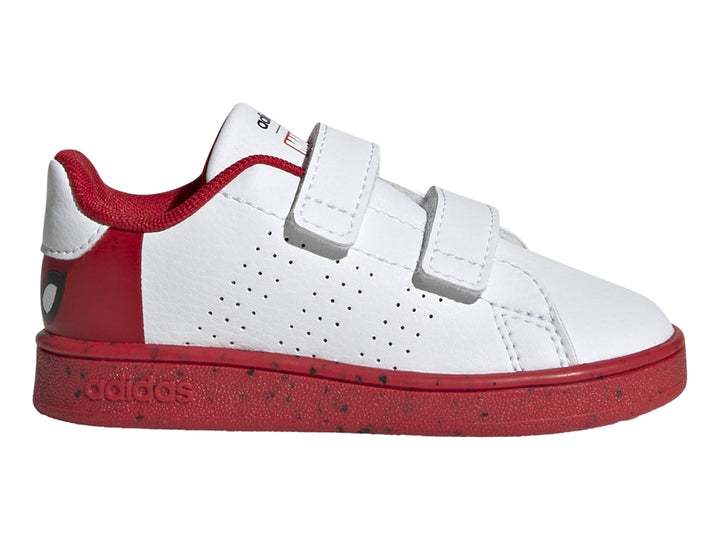 Tenis Adidas Advantage Spiderman en color blanco con detalles y suela en rojo vivo, cierre de velcro.