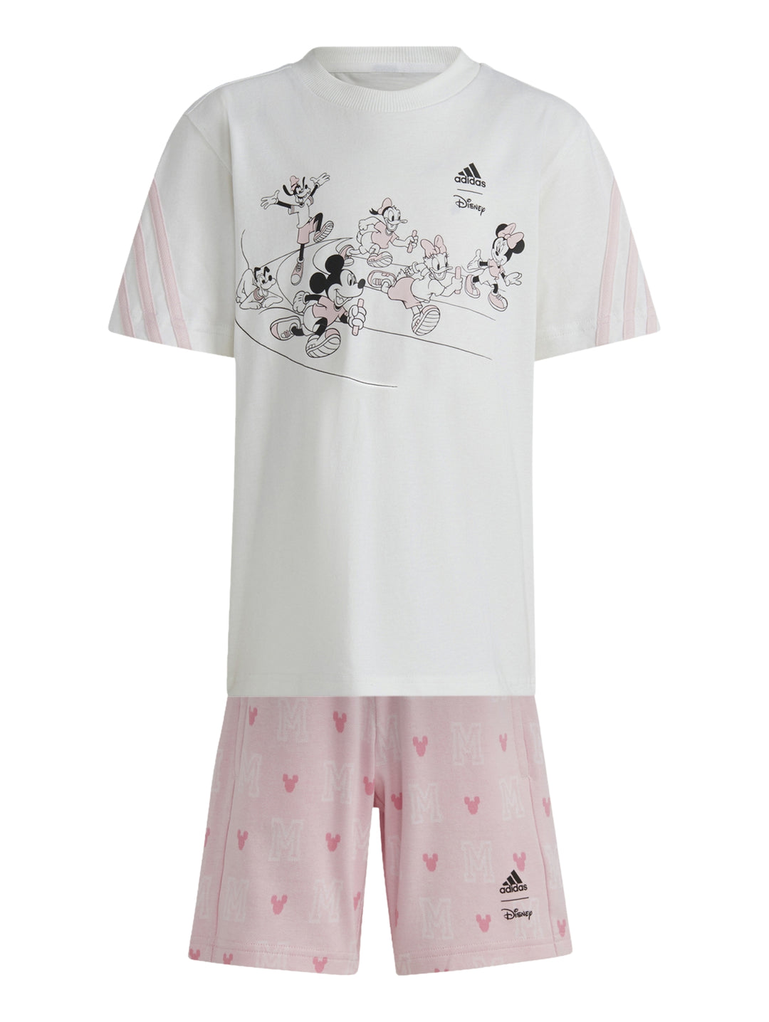 Conjunto infantil Adidas blanco y rosa con estampados de Mickey y Minnie Mouse.