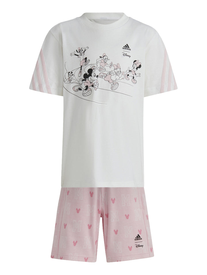 Conjunto infantil Adidas blanco y rosa con estampados de Mickey y Minnie Mouse.