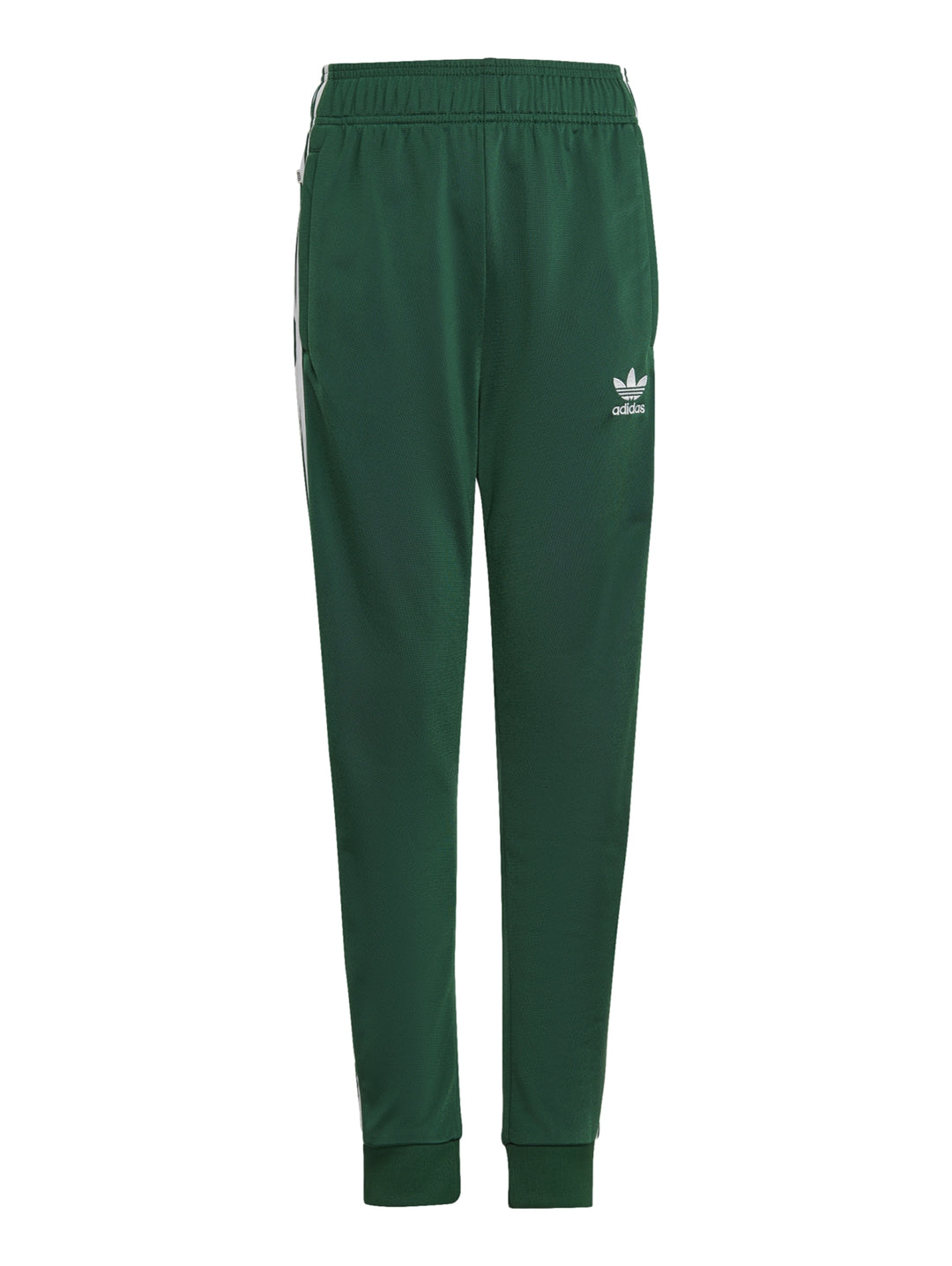 Pantalones deportivos Adidas color verde con tres franjas blancas laterales y logo blanco en la pierna.