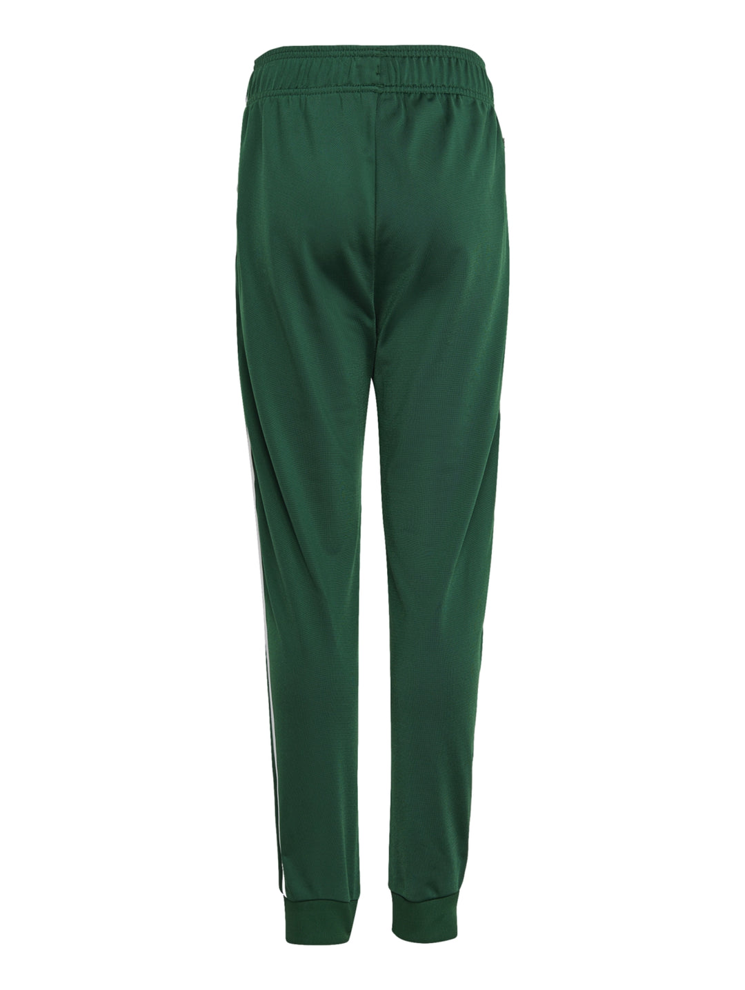 Pantalones deportivos Adidas color verde con tres franjas blancas laterales y logo blanco en la pierna.
