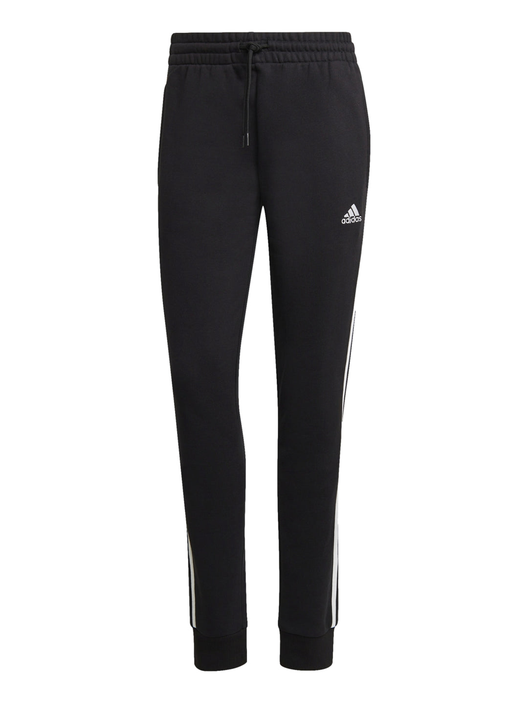 Pantalones deportivos Adidas color negro con tres franjas blancas laterales y logotipo blanco en la pierna.