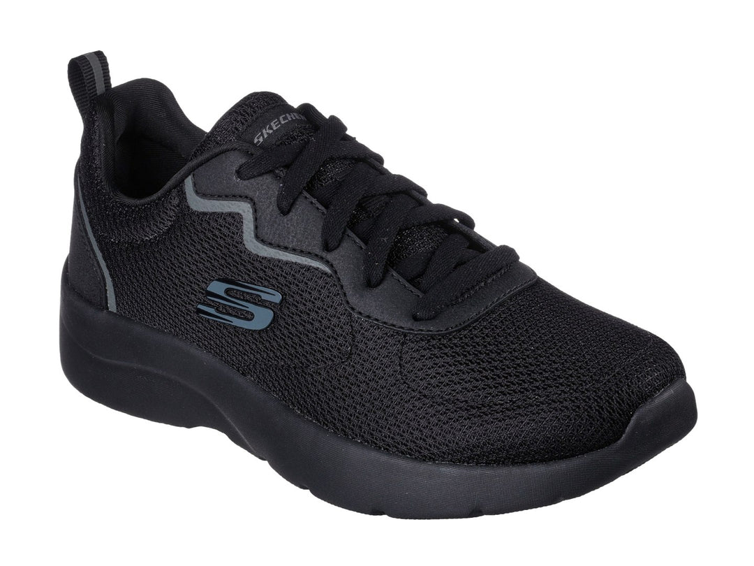 Tenis deportivos SKECHERS DYNAMIGHT 2.0 en color negro con detalles en gris oscuro.