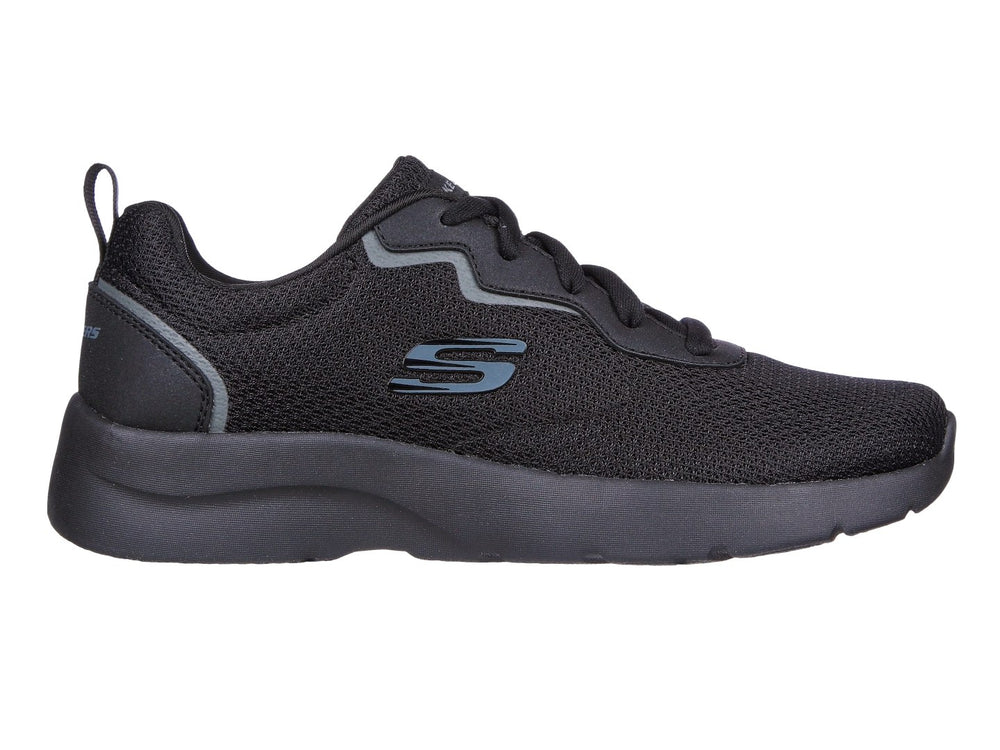 Tenis deportivos SKECHERS DYNAMIGHT 2.0 en color negro con detalles en gris oscuro.