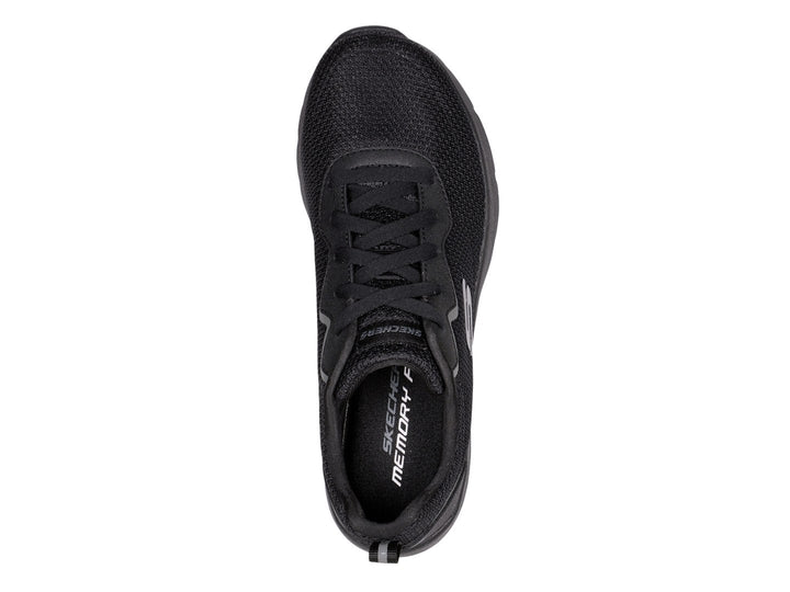 Tenis deportivos SKECHERS DYNAMIGHT 2.0 en color negro con detalles en gris oscuro.