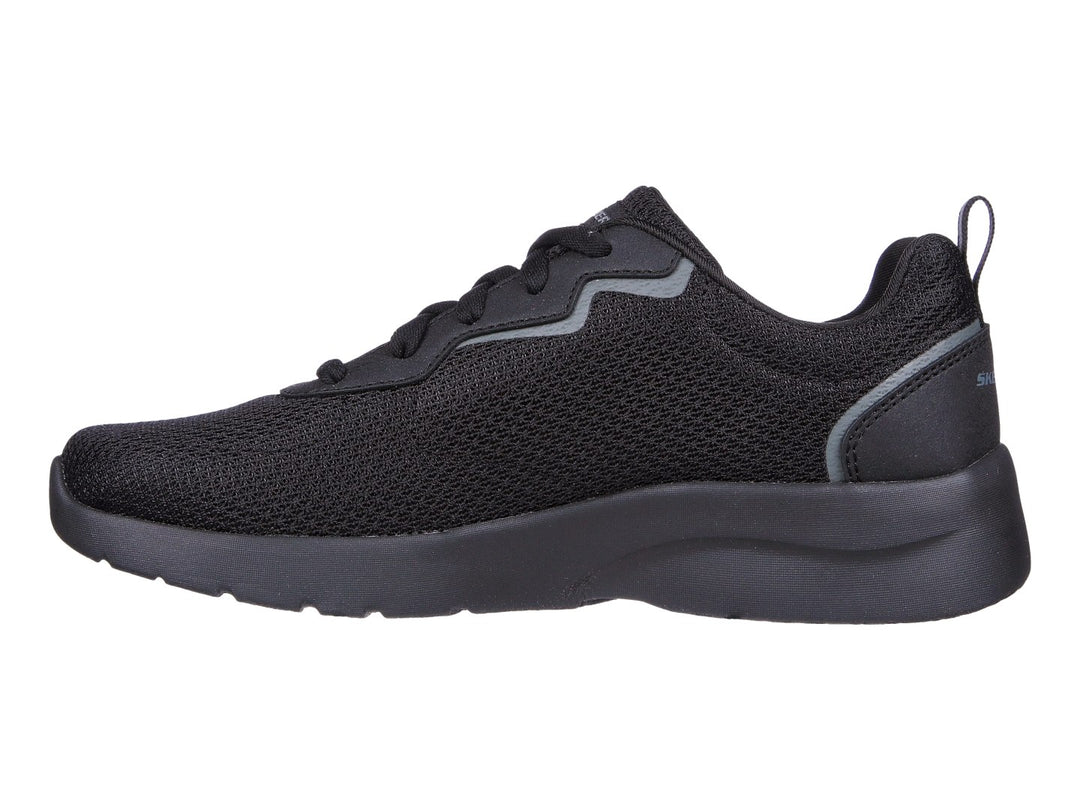 Tenis deportivos SKECHERS DYNAMIGHT 2.0 en color negro con detalles en gris oscuro.