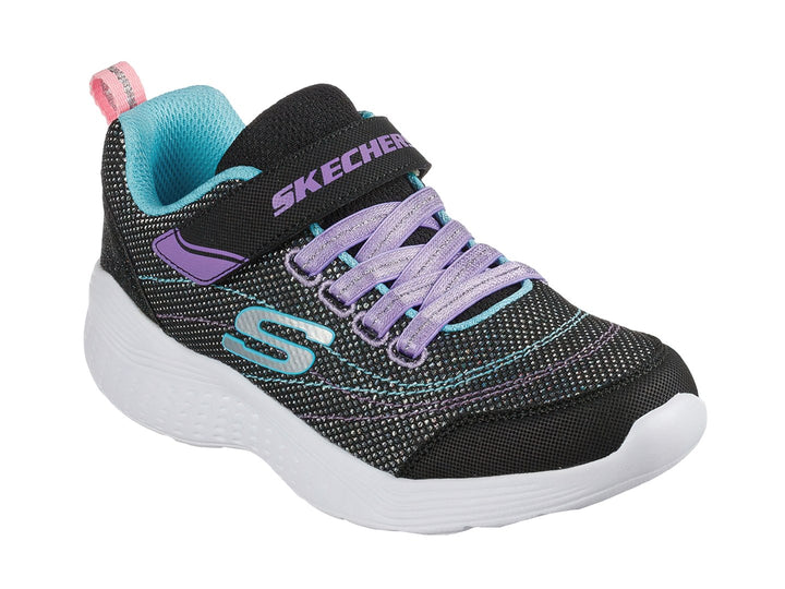 Tenis deportivos Skechers color negro con detalles morados y azules y suela blanca.