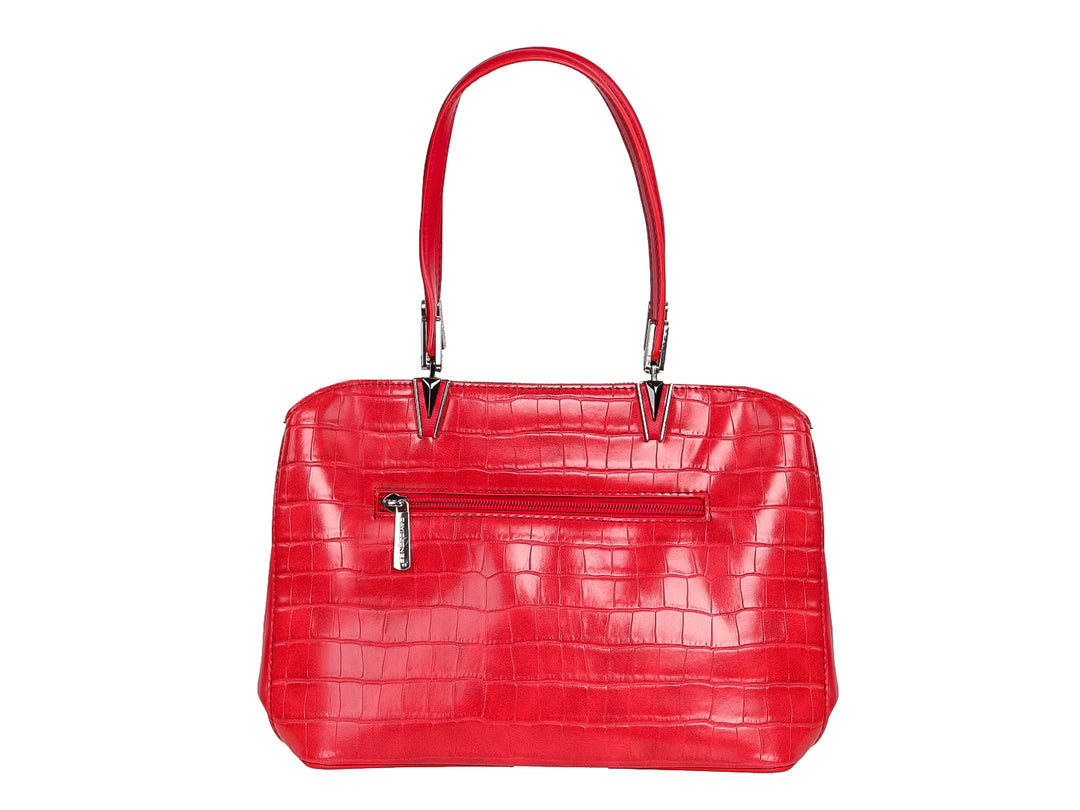 Bolsa de hombro color rojo con textura de piel de cocodrilo y asas largas de la marca David Jones.