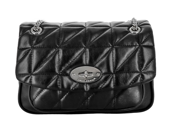 Bolso de hombro negro acolchado con detalles metálicos plateados y correa de cadena de la marca David Jones.