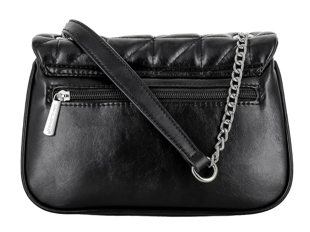 Bolso de hombro negro acolchado con detalles metálicos plateados y correa de cadena de la marca David Jones.