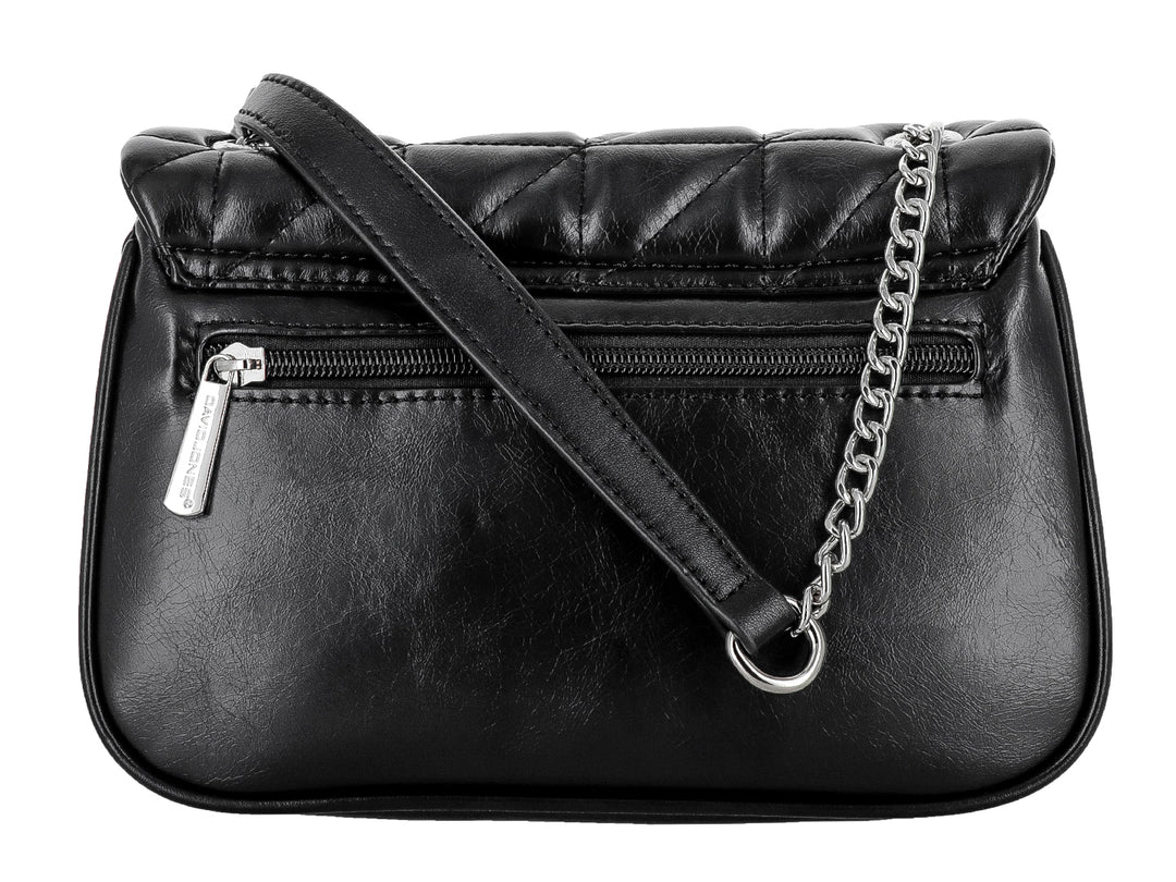 Bolso de hombro negro acolchado con detalles metálicos plateados y correa de cadena de la marca David Jones.