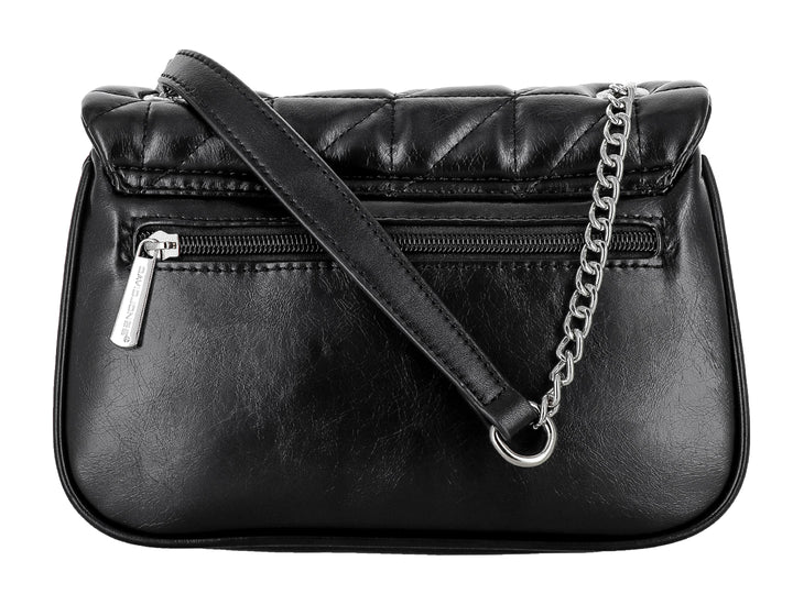 Bolso de hombro negro acolchado con detalles metálicos plateados y correa de cadena de la marca David Jones.