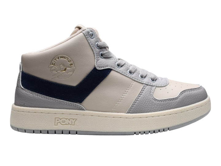 Tenis PONY City Wings Mid color beige con detalle en azul marino y suela blanca.