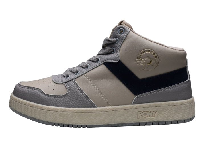 Tenis PONY City Wings Mid color beige con detalle en azul marino y suela blanca.