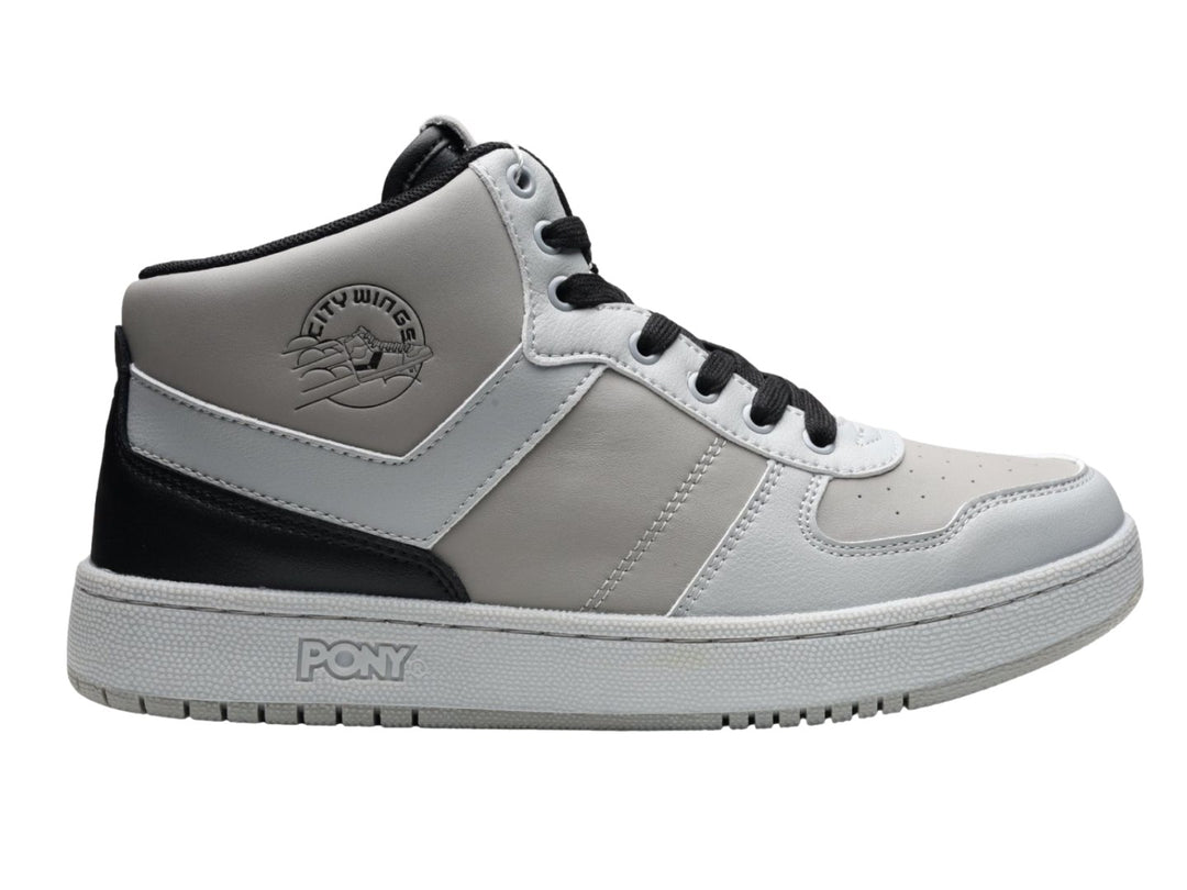 Tenis PONY City Wings Mid color gris con detalles en negro y suela blanca.