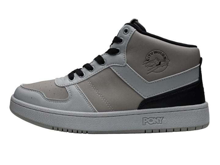 Tenis PONY City Wings Mid color gris con detalles en negro y suela blanca.