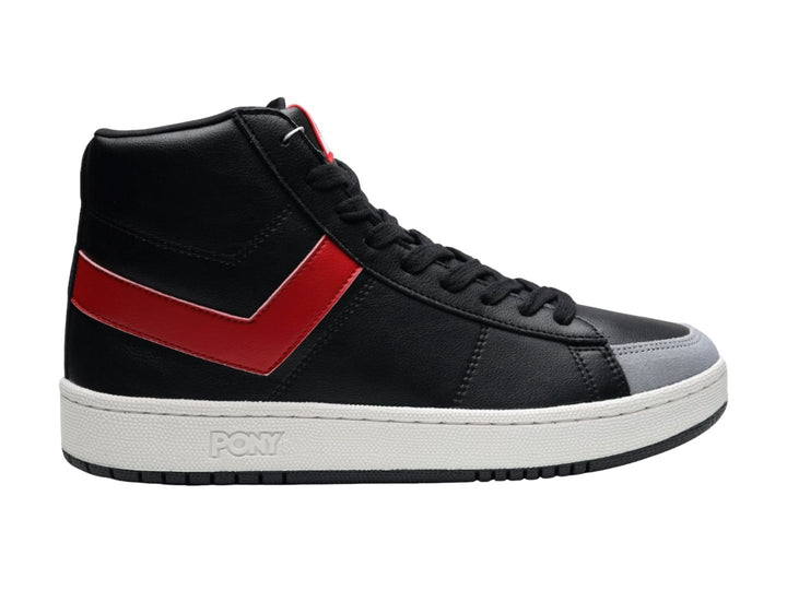 Tenis PONY Pro 80 Hi color negro con detalle en V rojo y suela blanca.