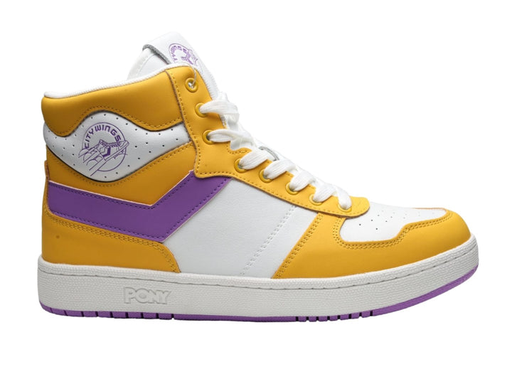Tenis PONY City Wings Hi de cuello alto en colores amarillo, blanco y morado con cordones blancos.