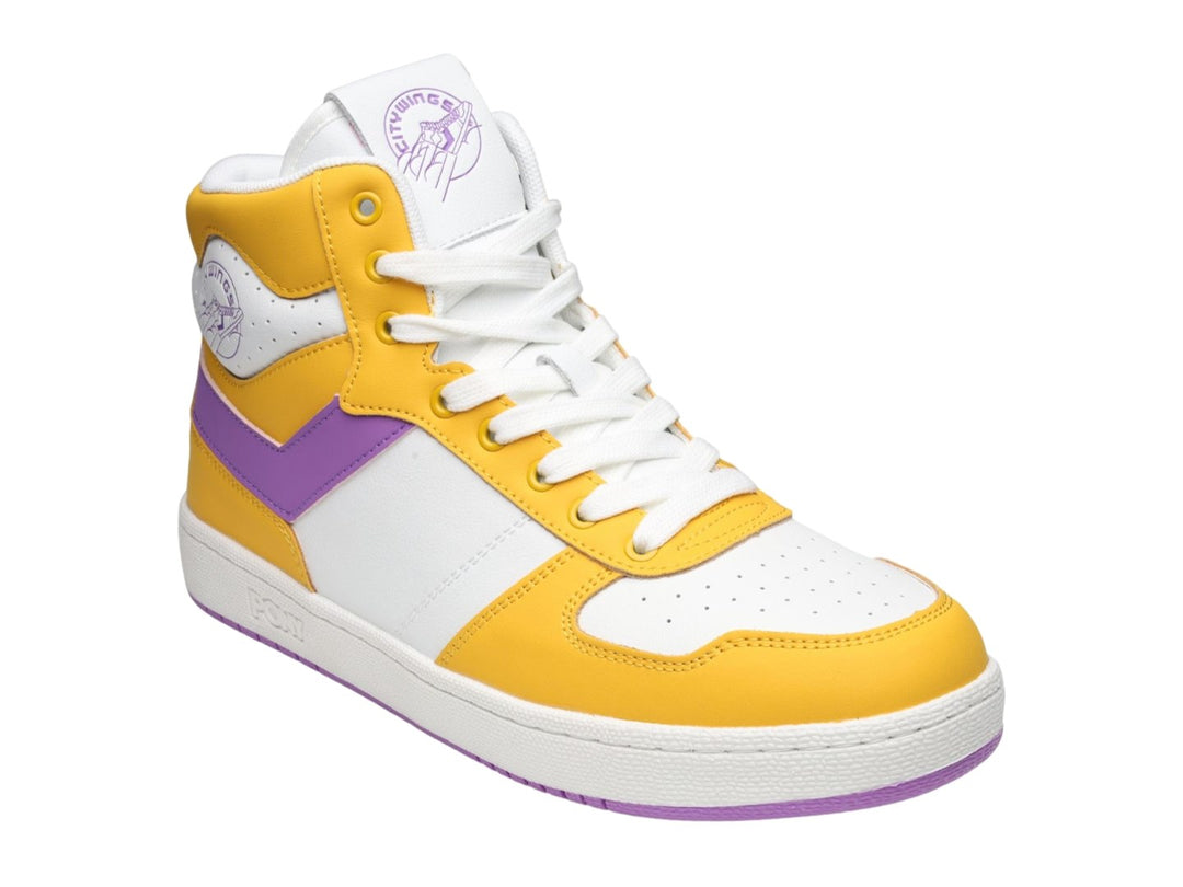 Tenis PONY City Wings Hi de cuello alto en colores amarillo, blanco y morado con cordones blancos.